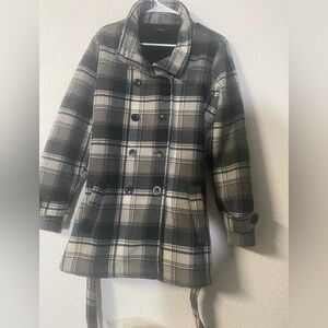 Ike Behar Plaid black grey and white fleece like with belt peacoat